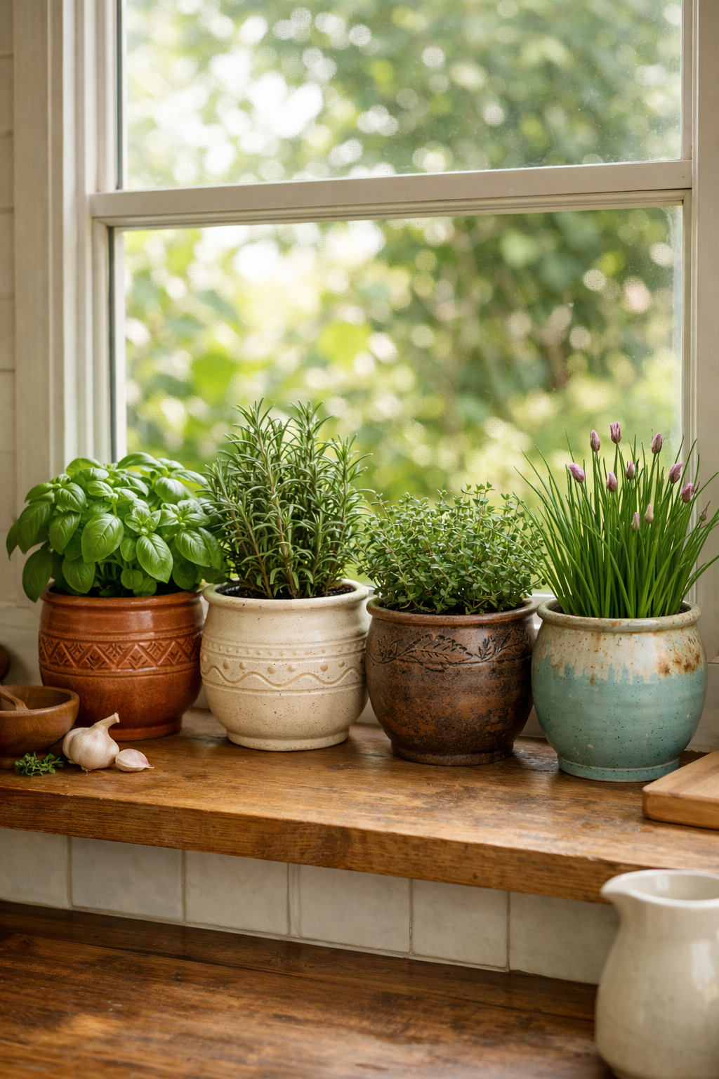 A row of handcrafted pottery planters with various herbs and plants in a sunlit kitchen.