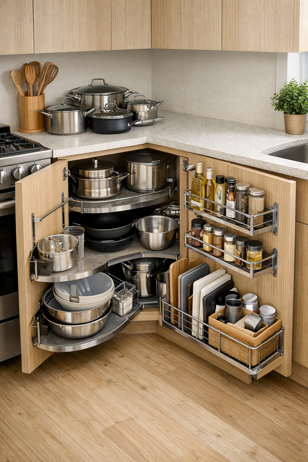 A well-organized corner kitchen cabinet with pots, pans, and spices arranged efficiently.