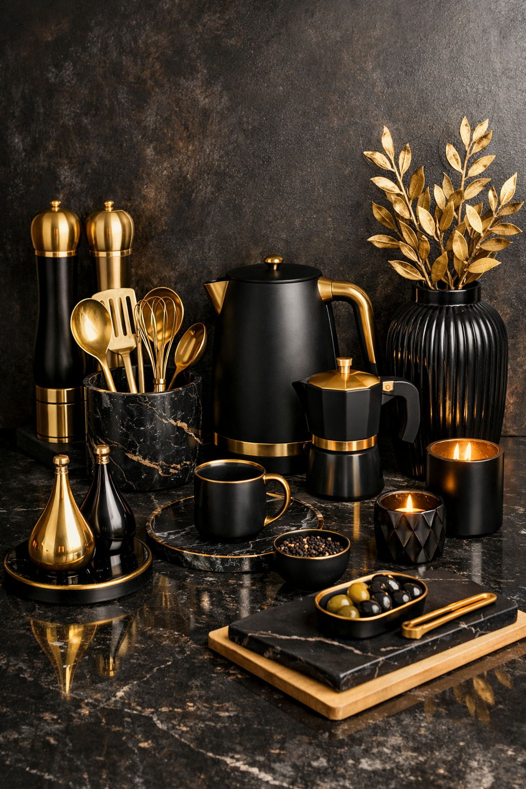 A beautifully arranged black and gold kitchen setup featuring various utensils, a kettle, and decorative items.