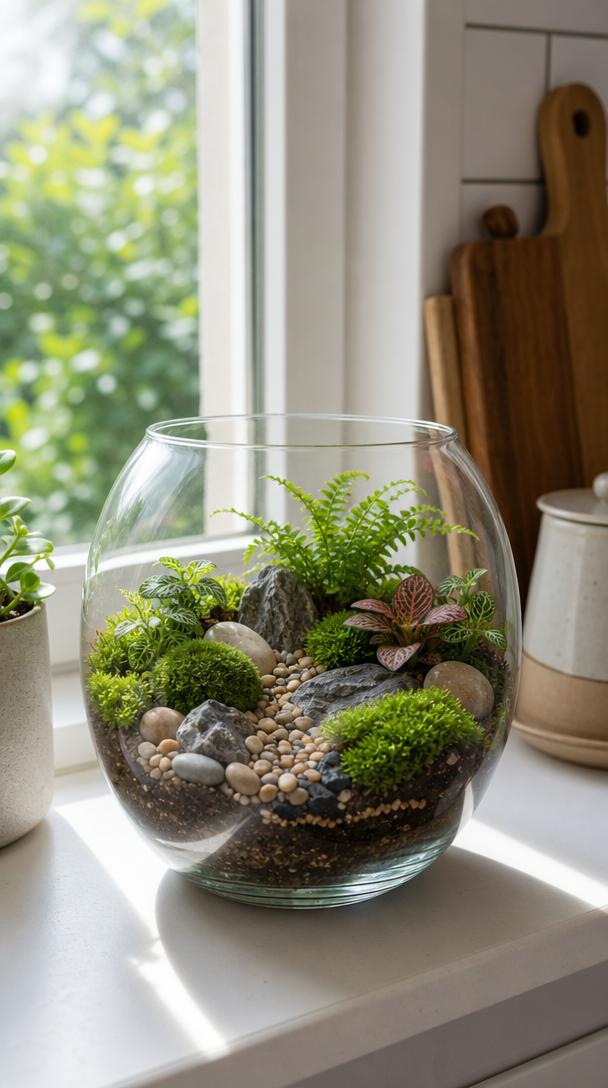 A glass terrarium filled with ferns, stones, and pebbles, sitting on a kitchen windowsill