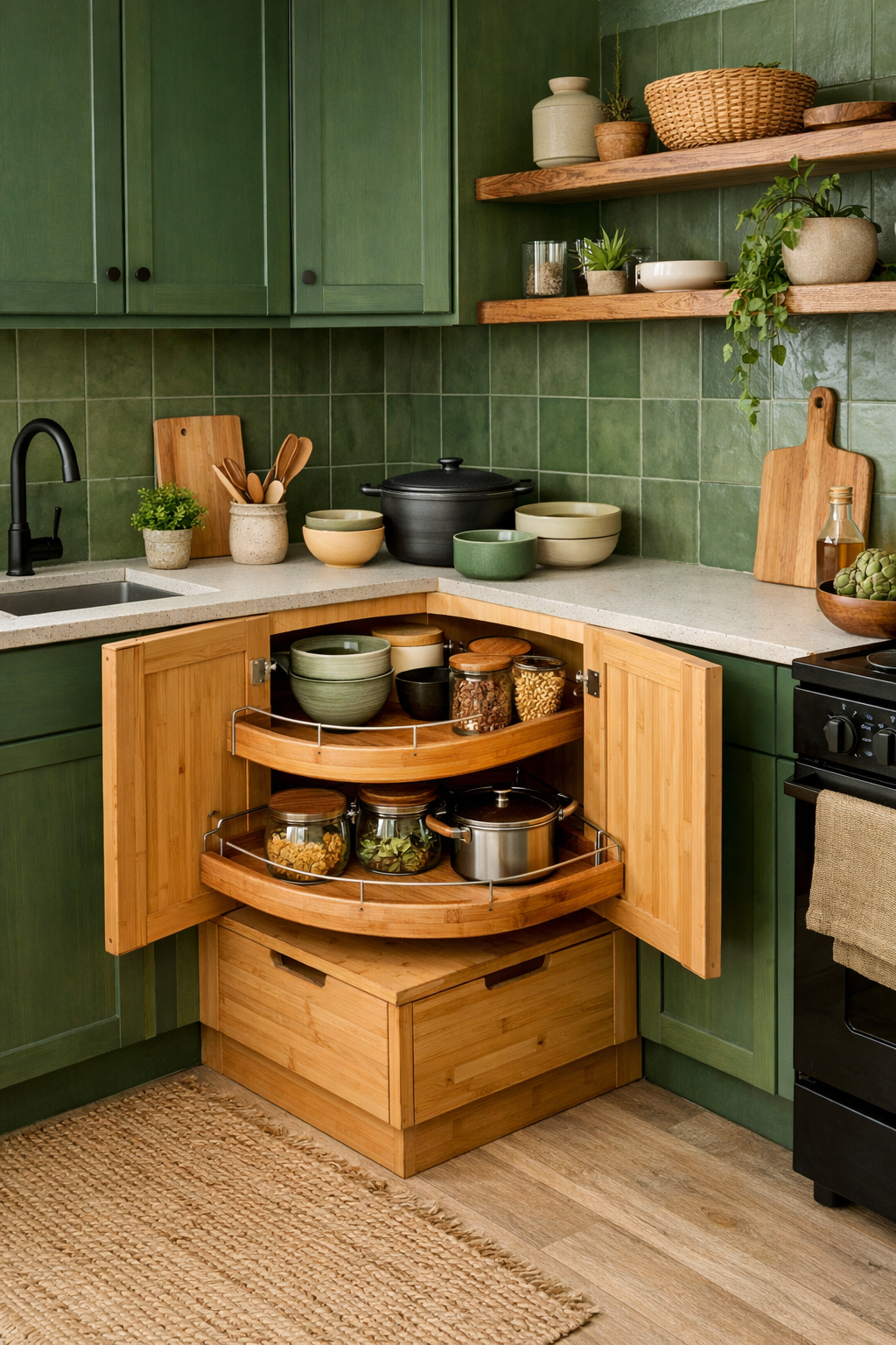 Eco-friendly corner kitchen cabinet made of bamboo with pull-out shelves in green-themed kitchen