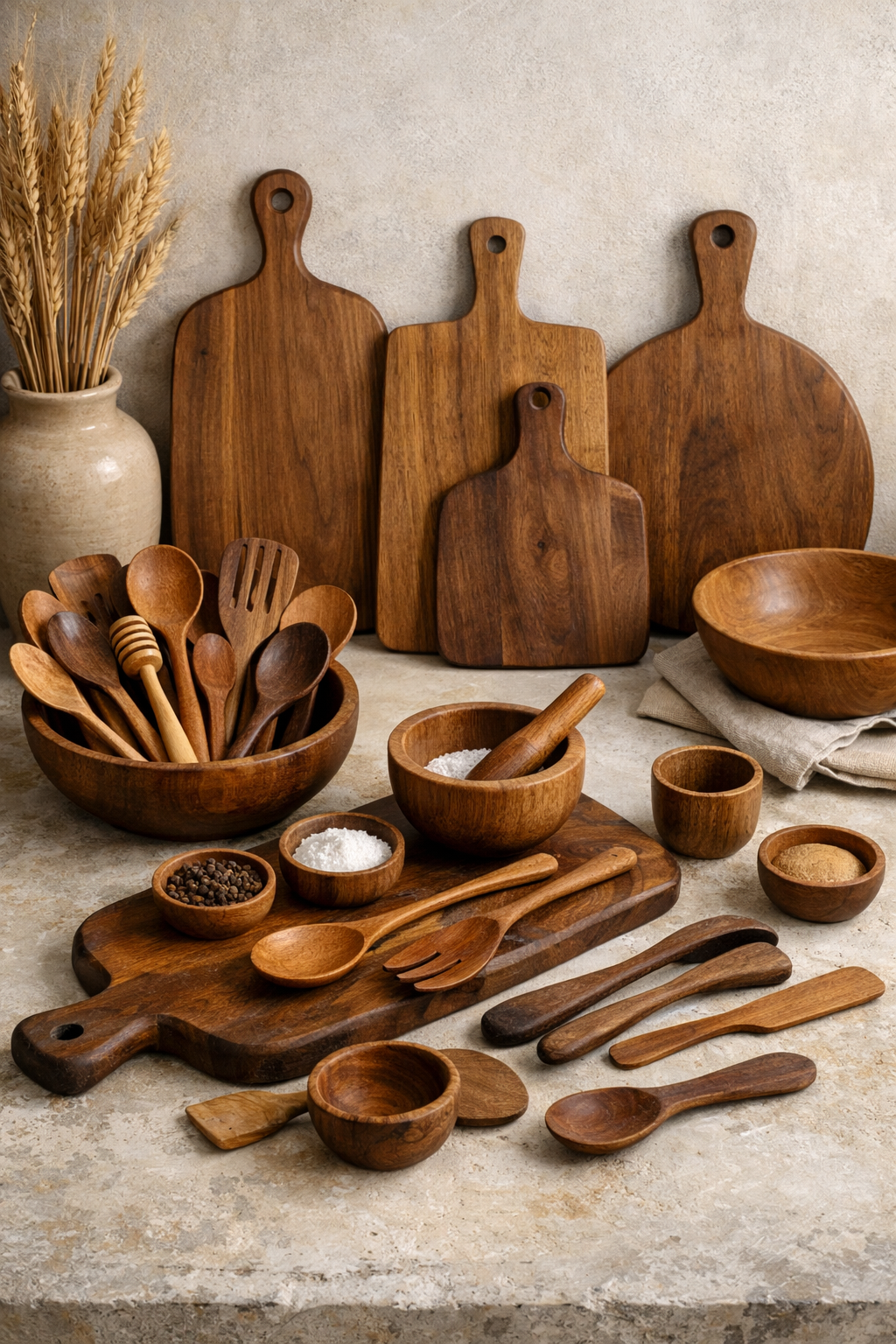 A collection of handcrafted wooden utensils and cutting boards displayed elegantly on a kitchen counter.