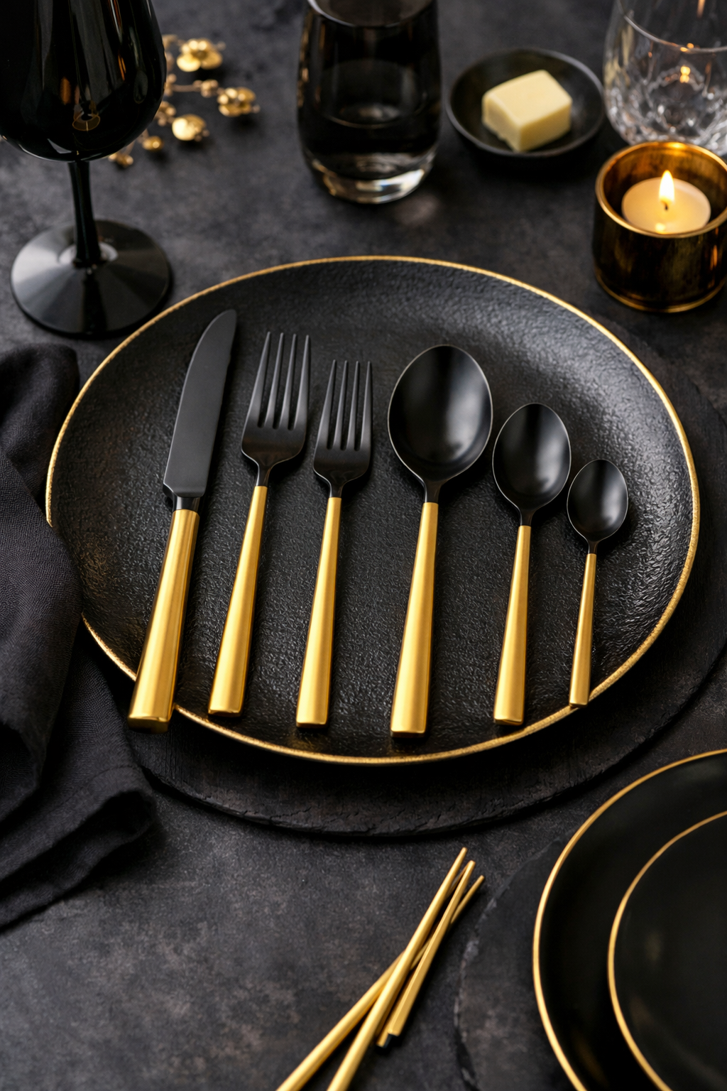 A stylish black and gold cutlery set displayed on a black plate with gold rim, showcasing elegant forks, knives, and spoons.