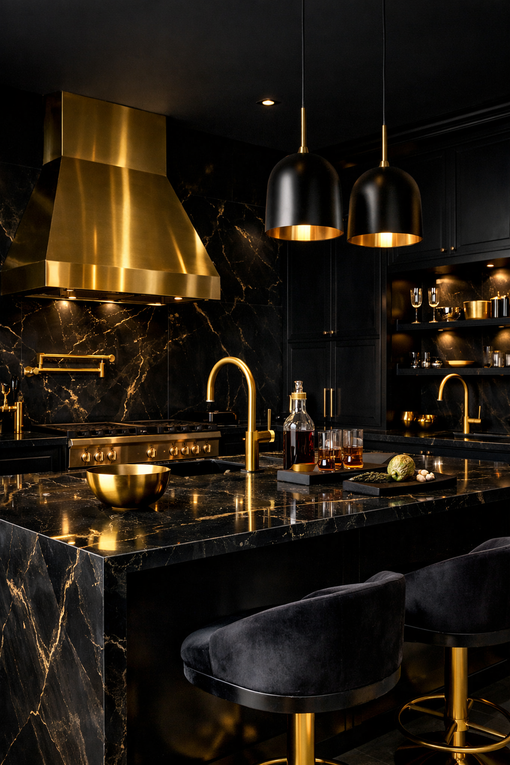 A modern kitchen featuring black walls and gold fixtures, including a gold range hood and pendant lights.