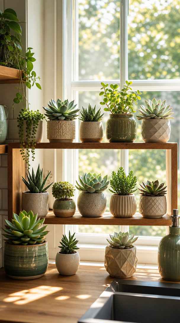 A wooden shelf filled with various beautiful succulents in decorative pots, placed near a bright kitchen window.