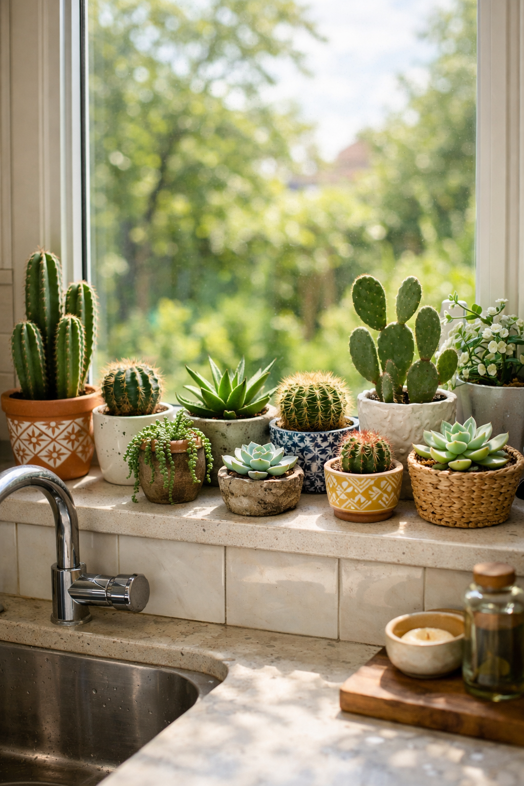A vibrant arrangement of cacti and succulents on a kitchen windowsill, showcasing various pots and green plants.