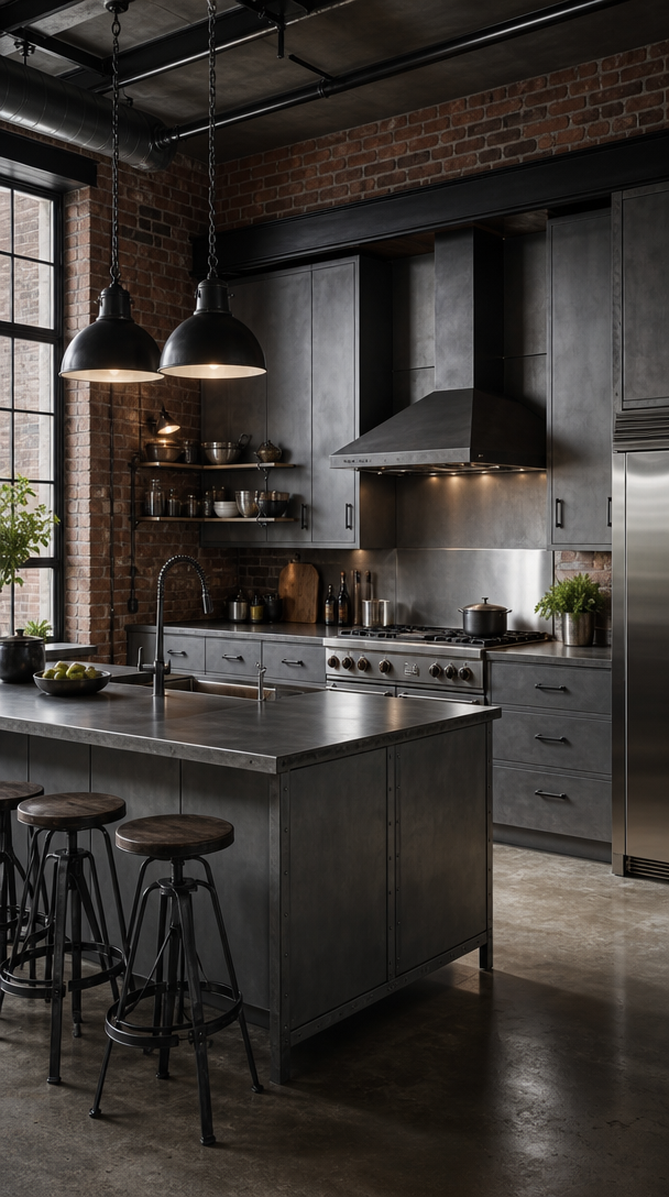 A modern kitchen featuring Industrial Steel Gray cabinets, brick walls, and wooden bar stools.