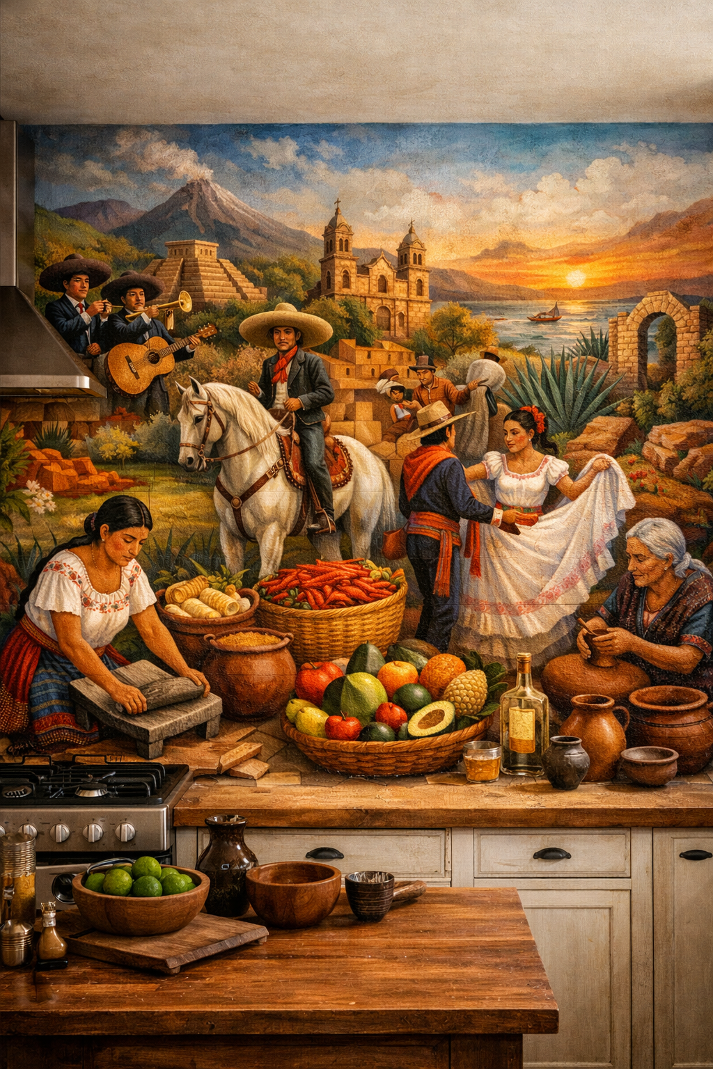 A vibrant mural depicting a traditional Mexican marketplace with musicians, dancers, and an abundance of fruits and vegetables.