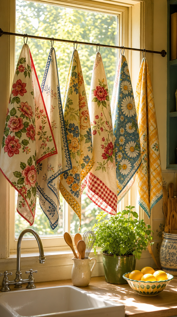 Vintage tea towels hanging in a kitchen window, accompanied by a small herb plant and kitchenware