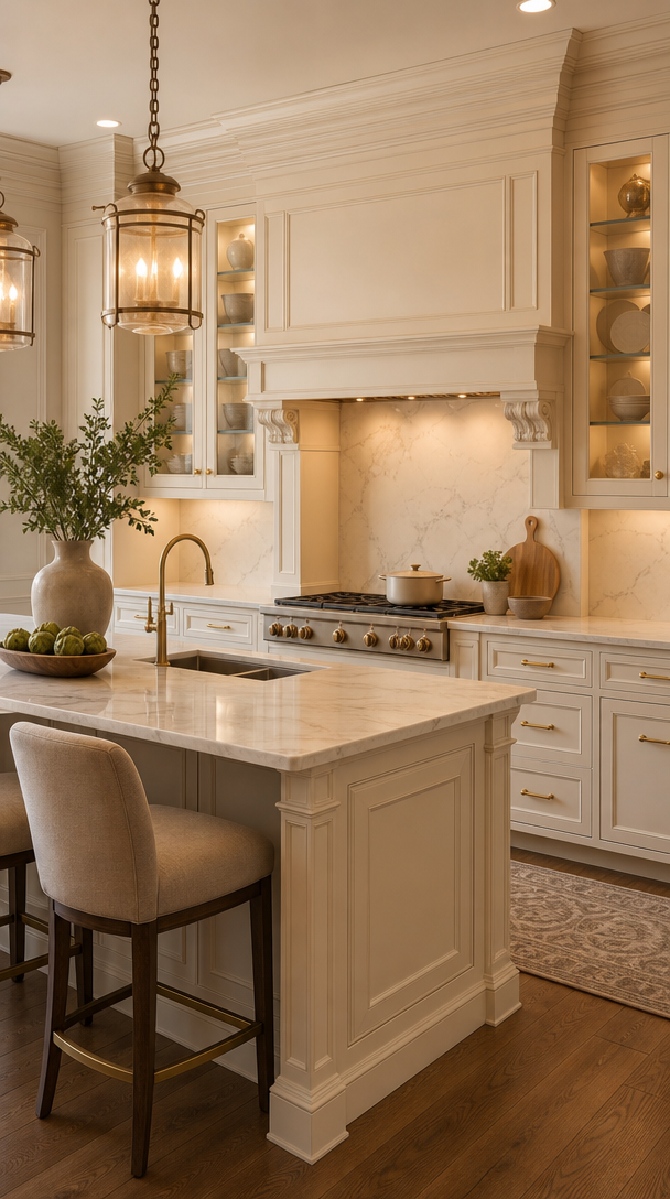 A beautifully designed kitchen with elegant cream cabinets, marble countertops, and stylish lighting.