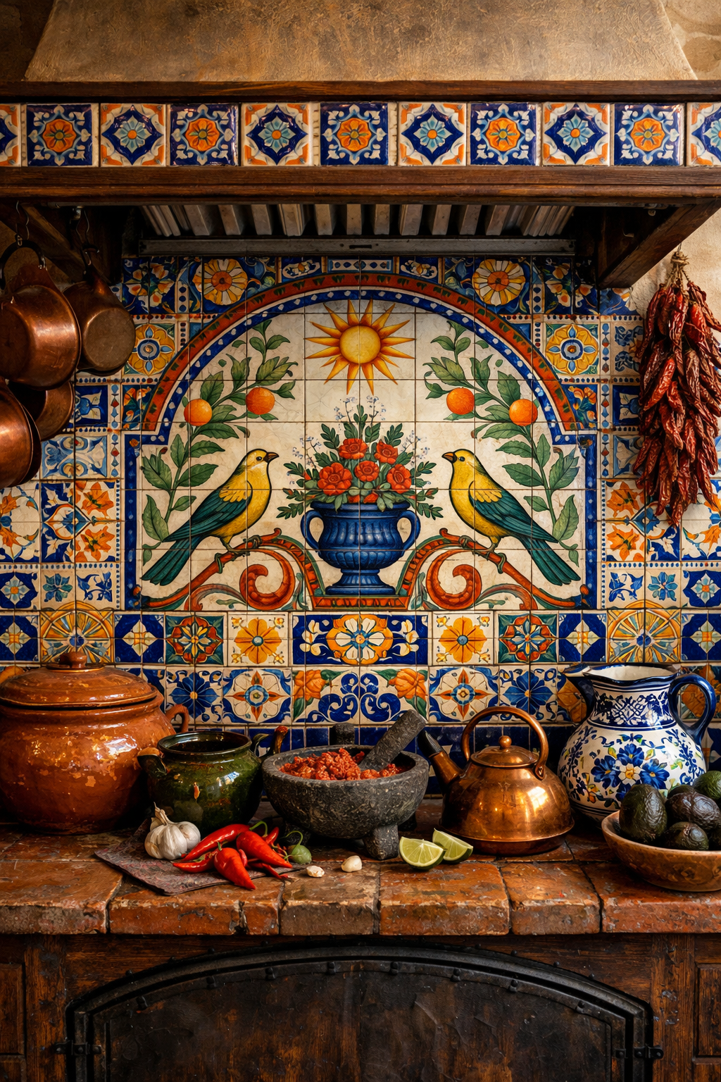 A vibrant handpainted tile backsplash in a Mexican kitchen, featuring colorful designs with birds and flowers.