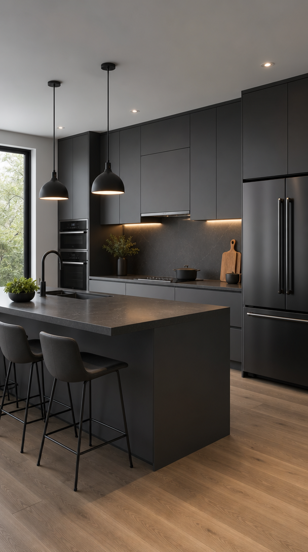 A modern kitchen featuring charcoal gray cabinets, a black countertop, and warm wooden flooring with stylish pendant lights.