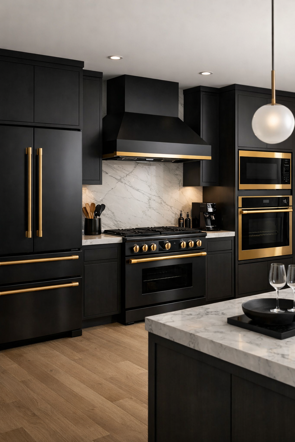 A modern kitchen featuring black appliances with gold trim.