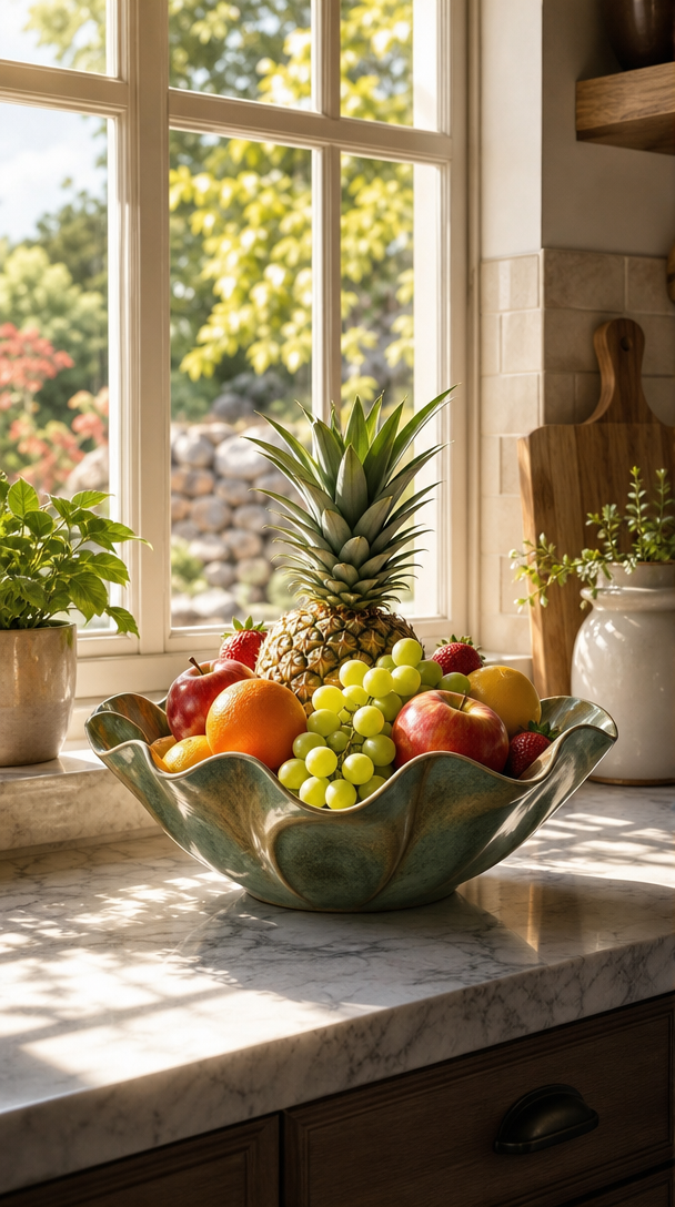 A vibrant fruit display featuring apples, grapes, oranges, and pineapples in a decorative bowl, set against a bright kitchen window.