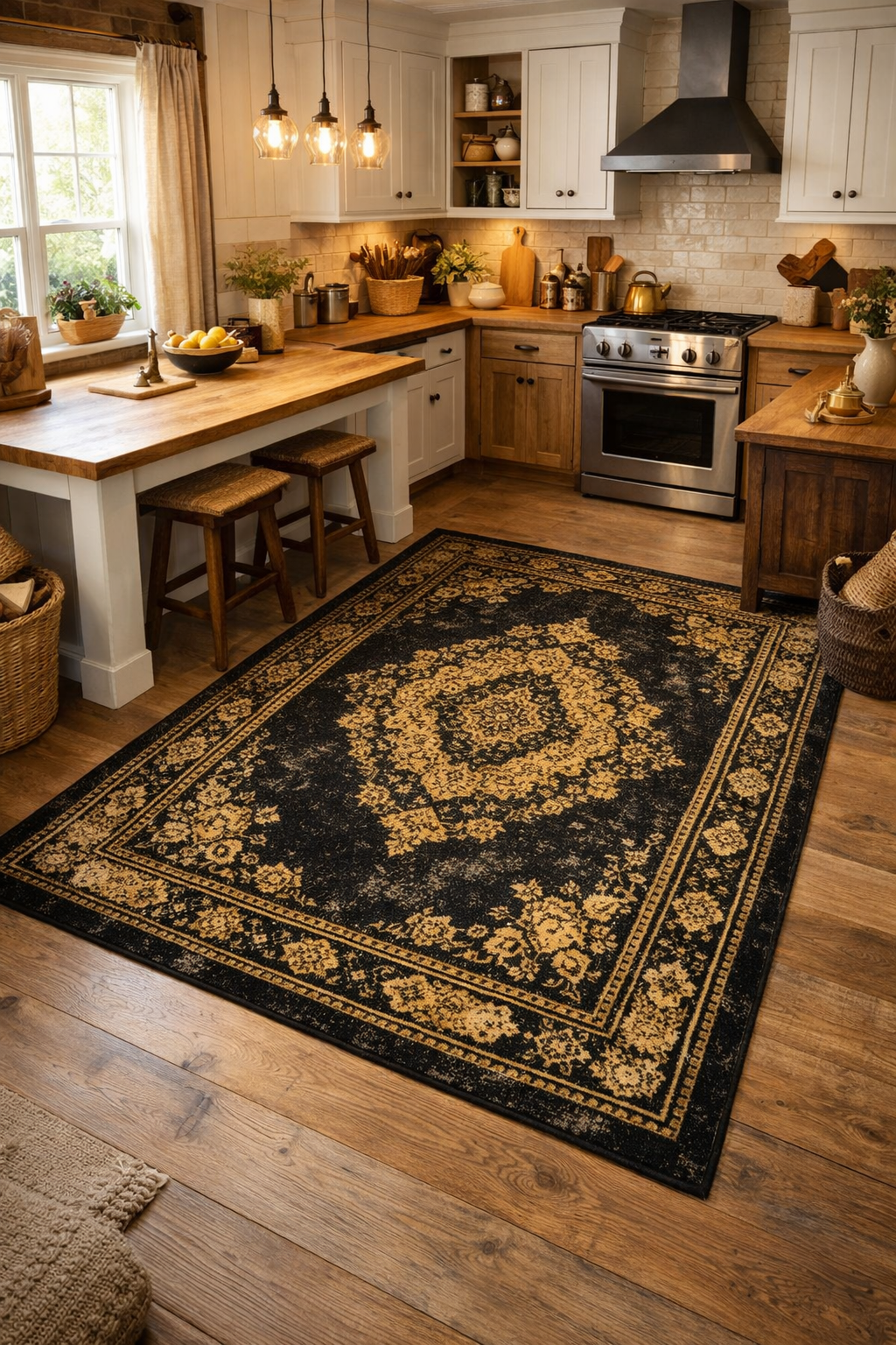 A textured black and gold rug in a kitchen with wooden cabinets and countertops.