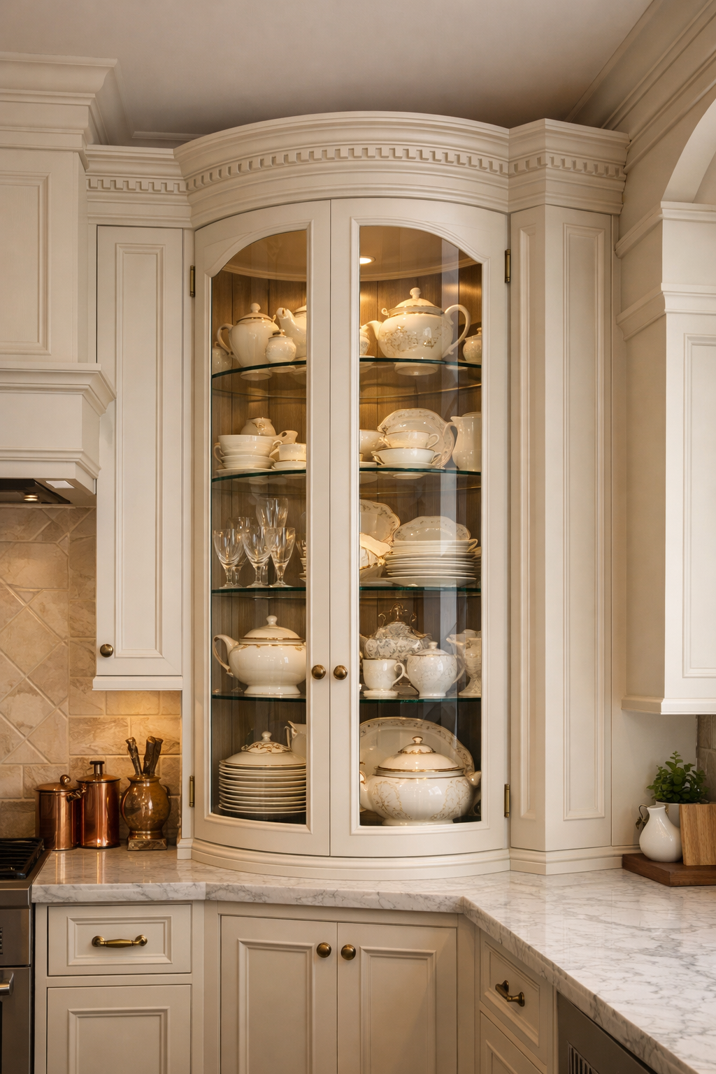 Elegant corner kitchen cabinet featuring crown molding, glass doors displaying fine china and glassware.