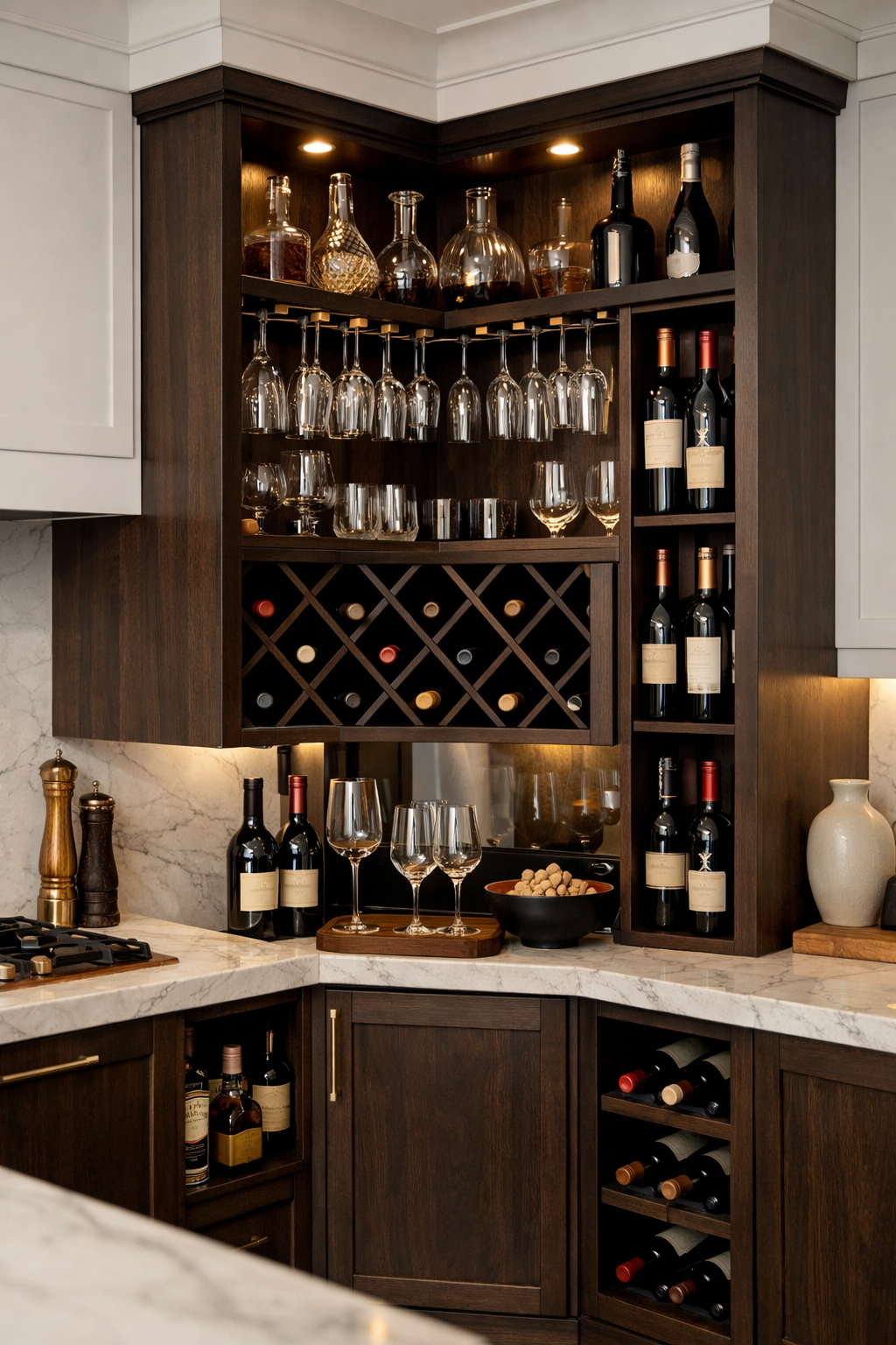 Corner kitchen cabinet with a built-in wine rack showcasing wine bottles and glassware