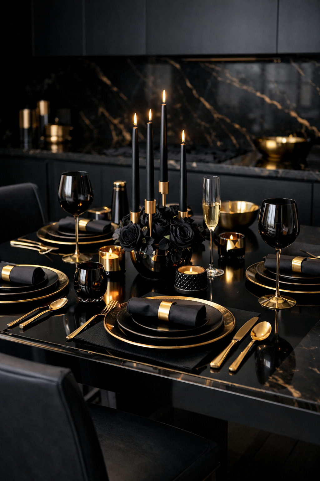 A beautifully arranged black and gold dining set featuring black plates, gold accents, black roses, candles, and elegant glassware.