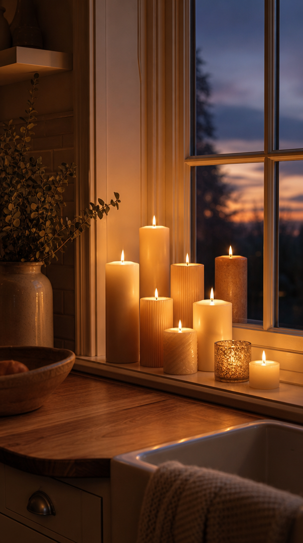 A decorative candle arrangement on a kitchen windowsill with various candles lit, creating a warm and cozy atmosphere.