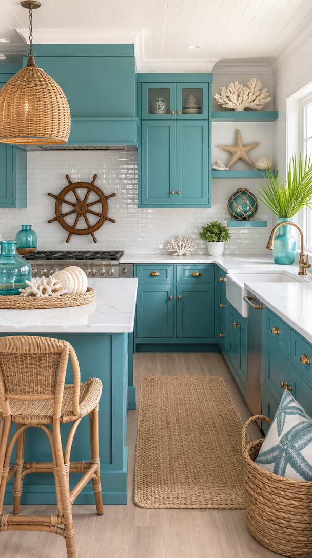 Coastal kitchen with vibrant teal cabinets and natural accents.