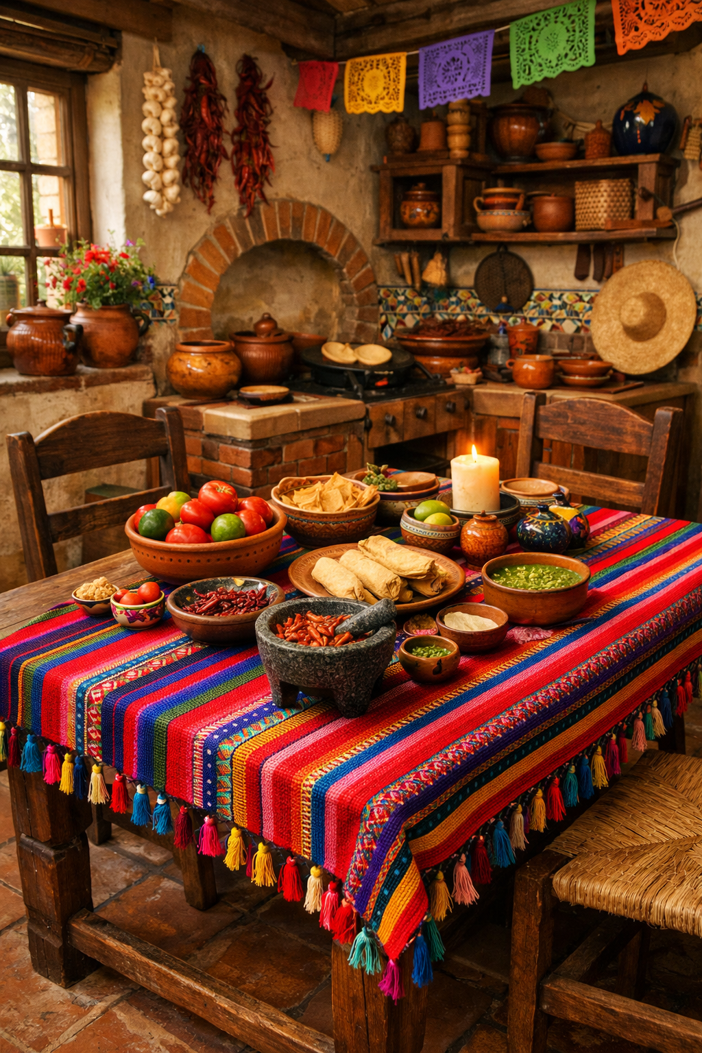 A vibrant Mexican kitchen with a handwoven tablecloth adorned with colorful stripes and tassels, featuring traditional food and pottery.