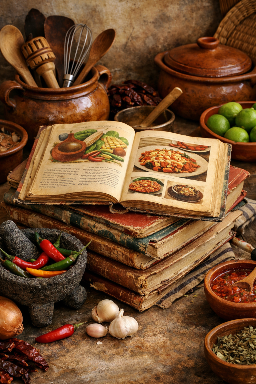 Vintage Mexican cookbooks with colorful ingredients and cooking utensils.