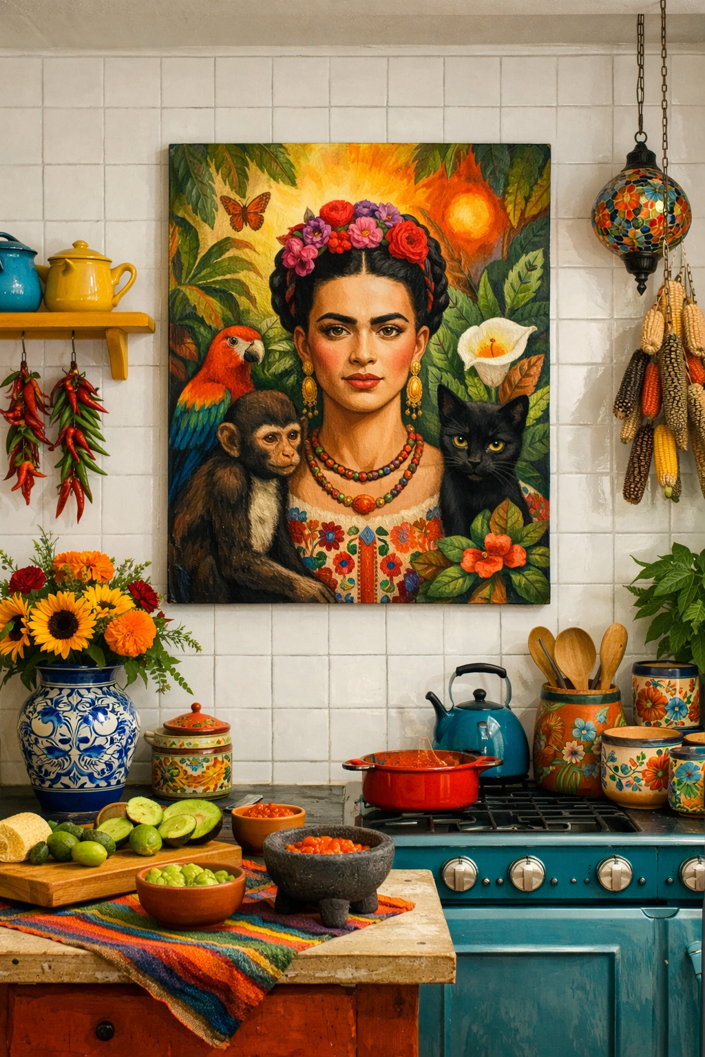 Frida Kahlo inspired artwork in a colorful Mexican kitchen