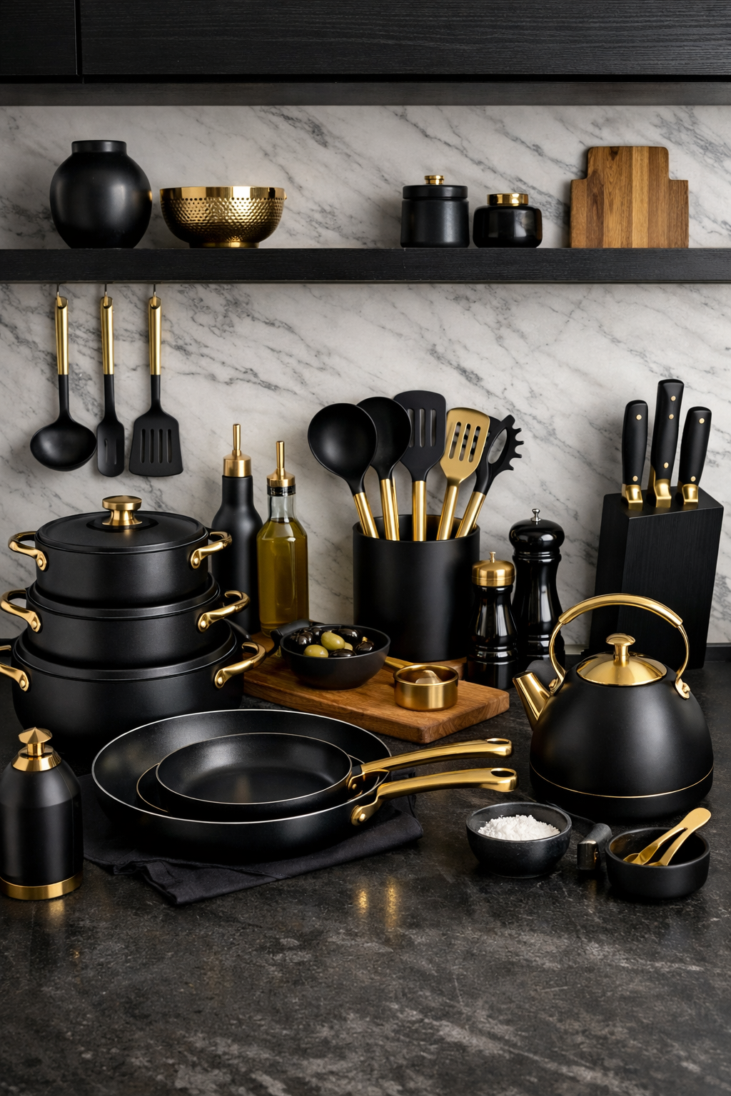 A stylish collection of black cookware with gold accents arranged on a marble surface.