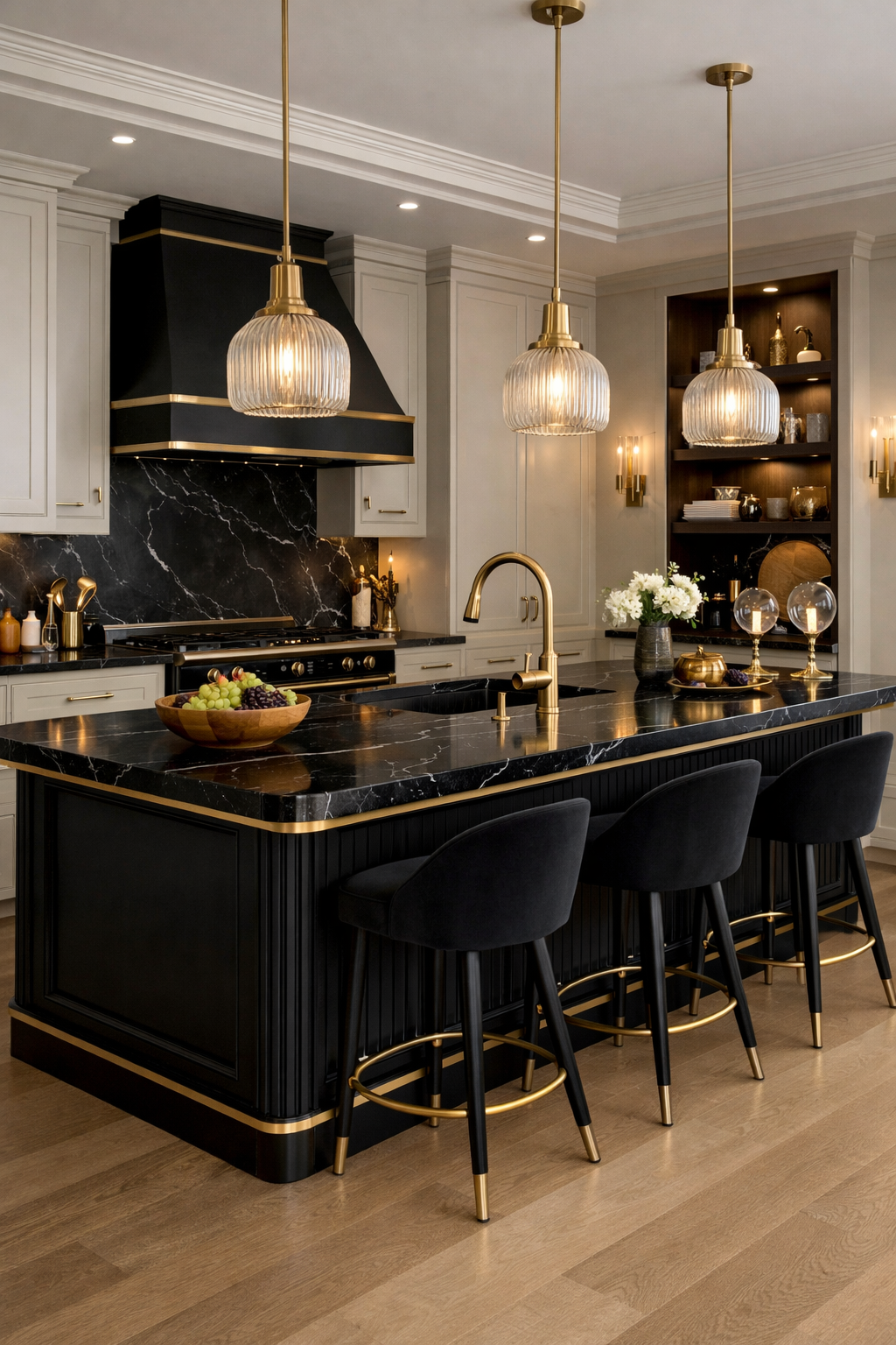Stylish black and gold kitchen with a sleek island and elegant accents.