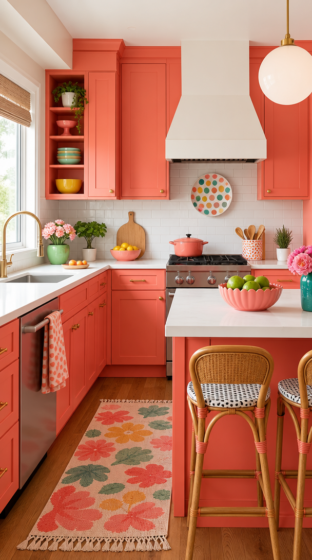 A kitchen featuring bright coral cabinets, white countertops, and colorful decorative elements.
