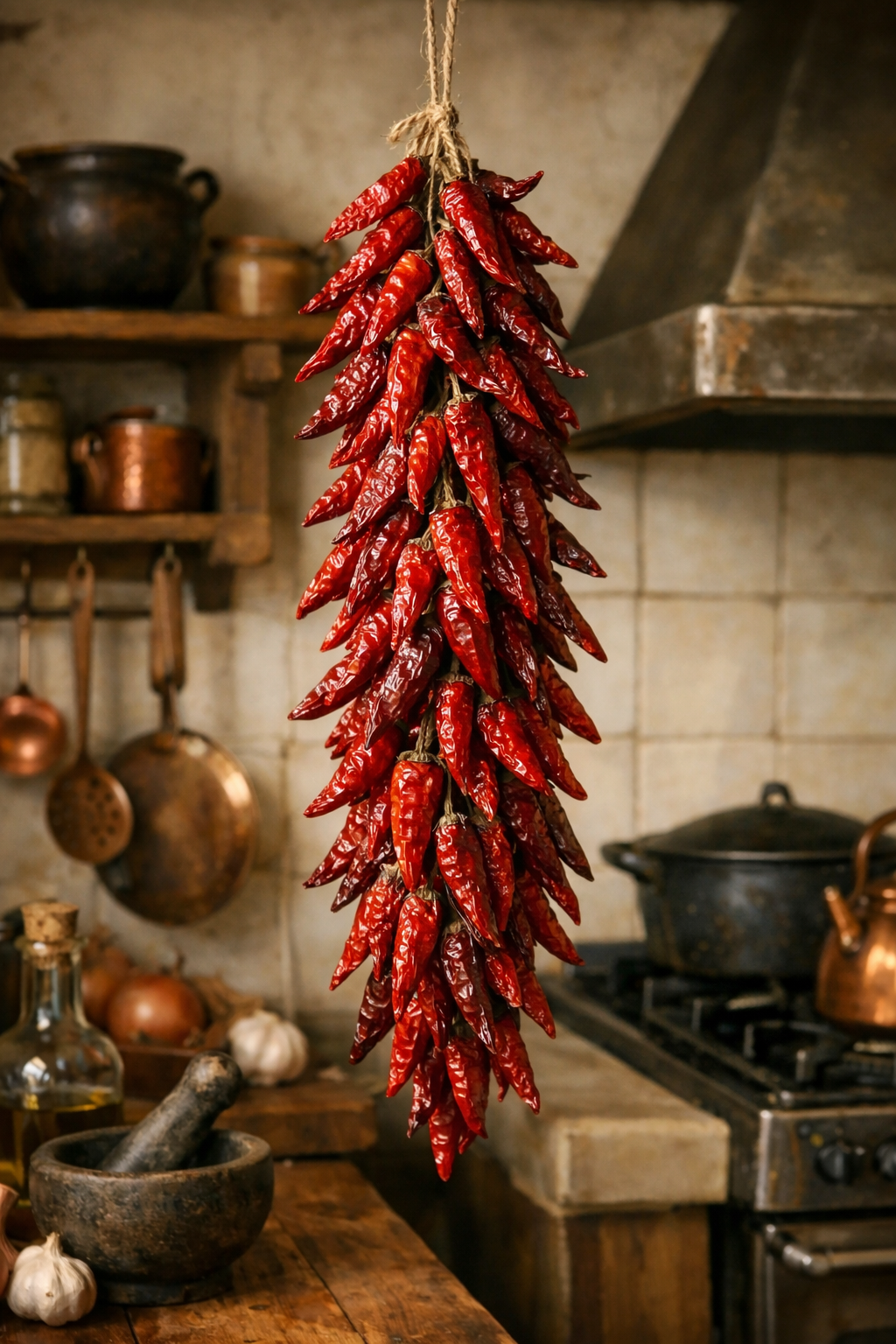 A bunch of red chili peppers hanging as decoration in a rustic kitchen.