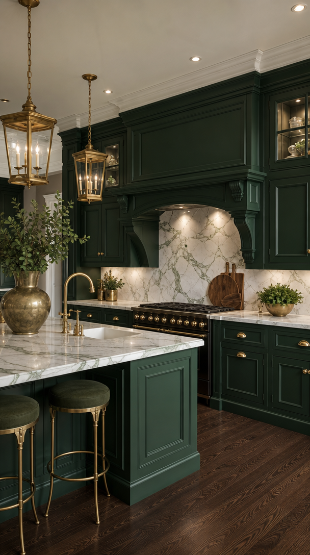 A kitchen featuring rich forest green cabinets, gold fixtures, and a marble countertop.