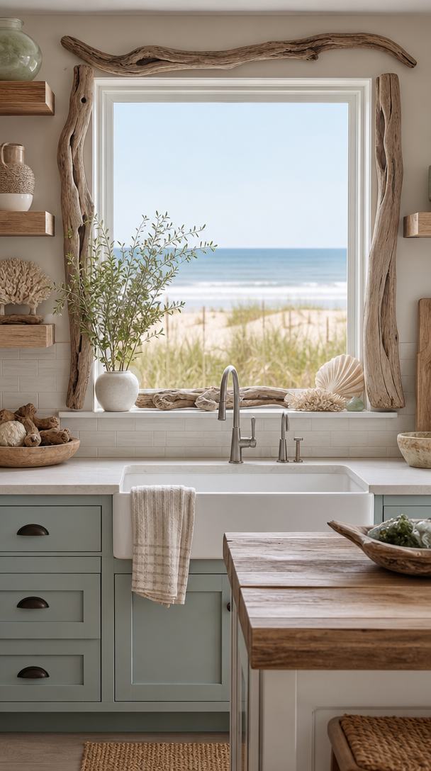 A kitchen window framed with driftwood, featuring plants and coastal decor, overlooking a sandy beach.