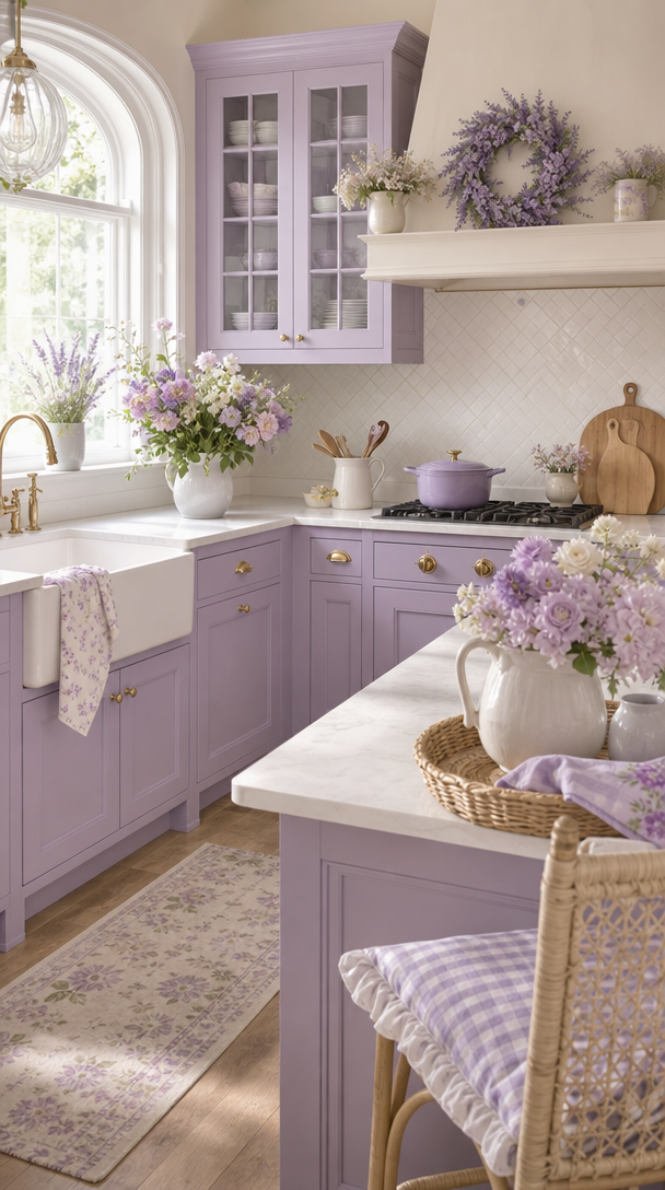 A bright and serene kitchen with soft lavender cabinet hues, complimented by white countertops and floral arrangements.