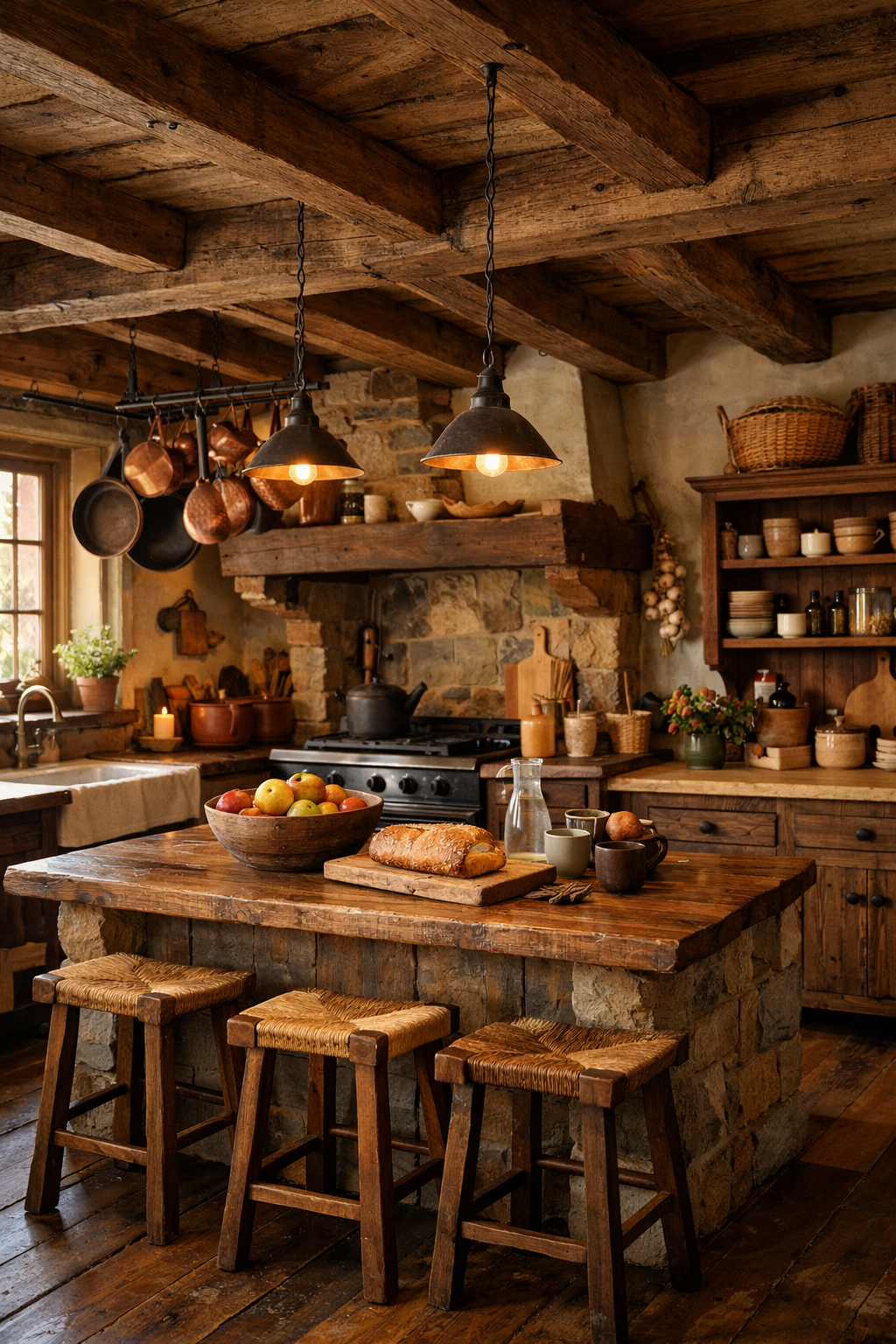 A rustic kitchen featuring wooden beams, furniture, and warm lighting