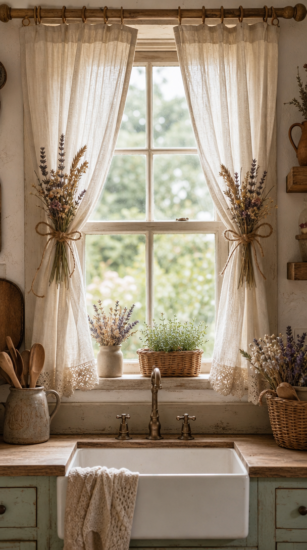 A kitchen window with light, airy curtains tied back with dried flowers, showcasing a cozy and rustic aesthetic.