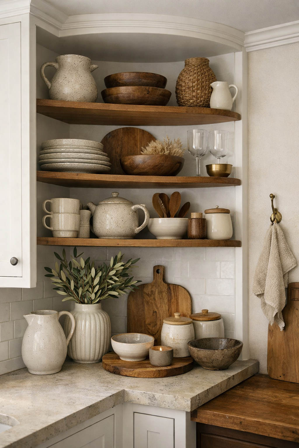 Open shelving in a corner kitchen cabinet with a variety of dishes, wooden bowls, and a vase with greenery.
