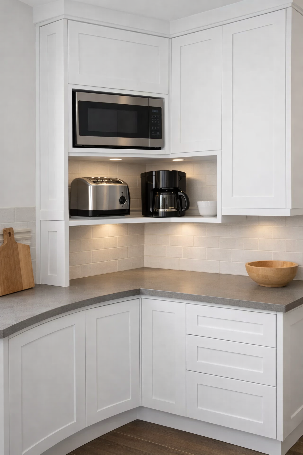 Modern corner kitchen cabinet with integrated microwave, toaster, and coffee maker.