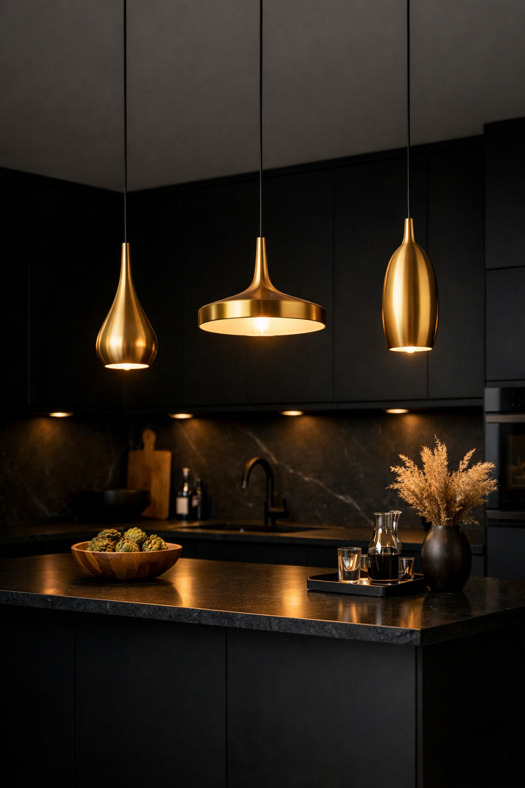 Chic gold pendant lights hanging over a black kitchen island with a wooden bowl and decorative items.