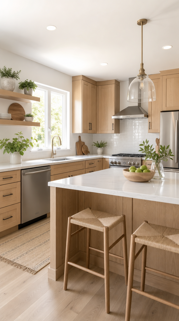 A bright kitchen with light oak cabinets, white countertops, and open shelves with plants.