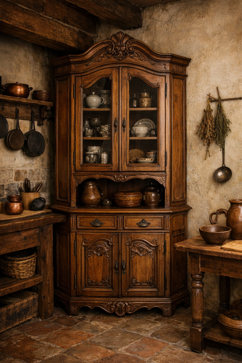 A traditional wooden corner cabinet displaying dishware with intricate carvings against a rustic kitchen background.