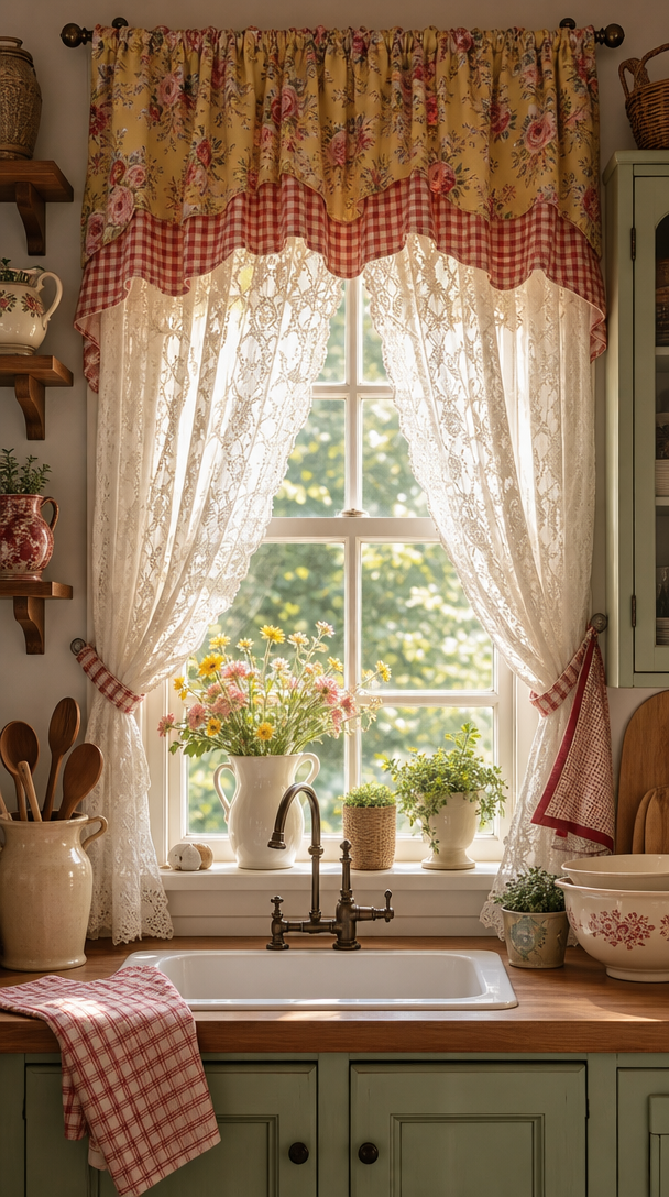 A kitchen window decorated with floral valance and lace curtains, featuring a cozy vibe.