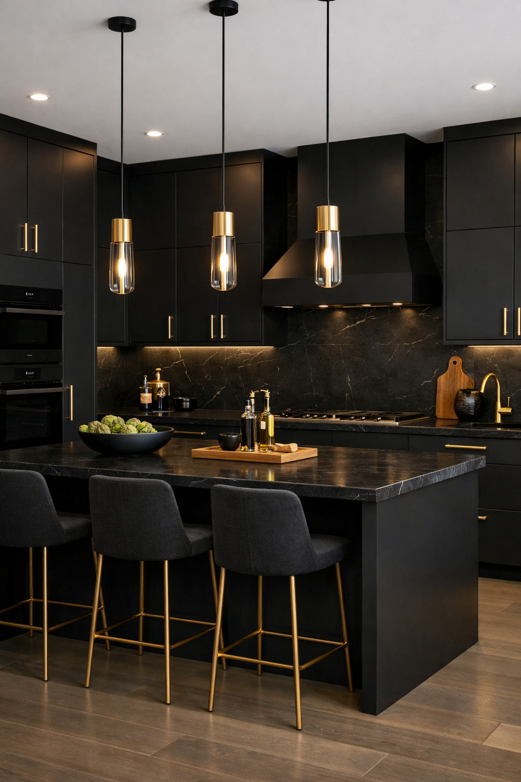 A modern kitchen featuring black cabinets with gold hardware and stylish seating.