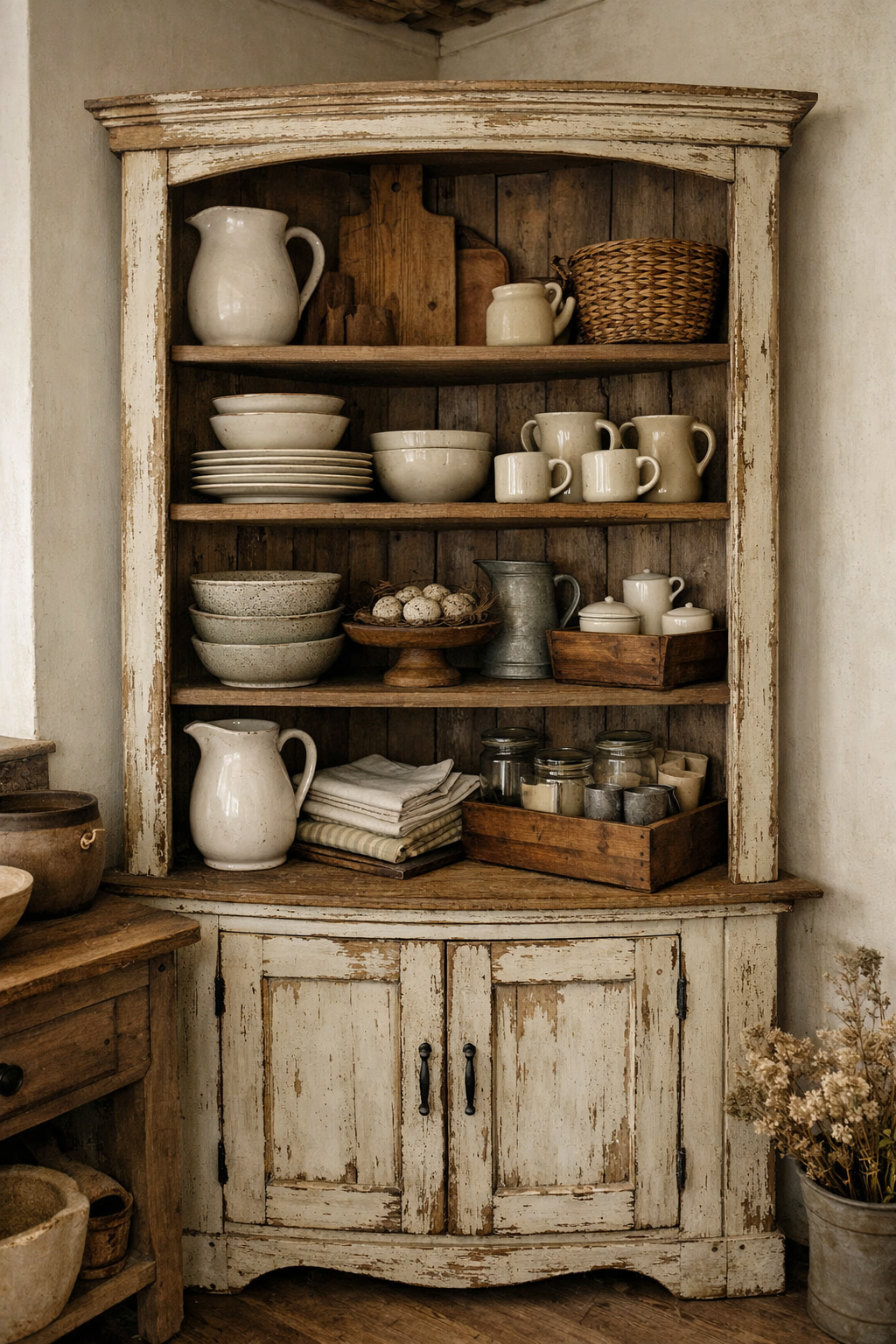 A rustic corner kitchen cabinet with open shelves, showcasing ceramic dishes and jugs, against a neutral wall.