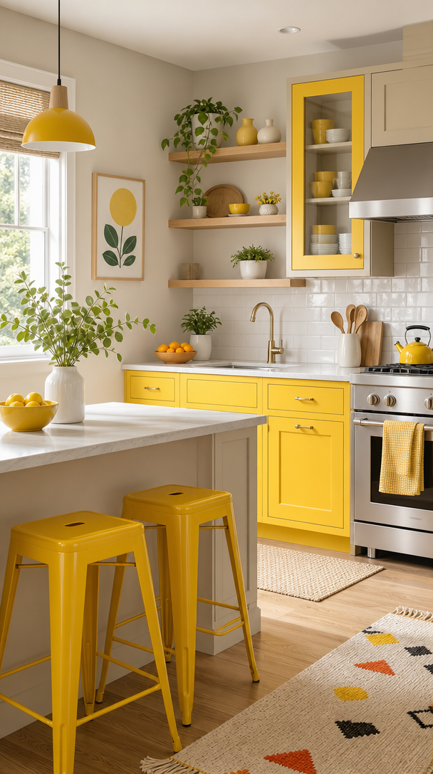 A sunny kitchen with bright yellow cabinets, yellow bar stools, and decorative accents.
