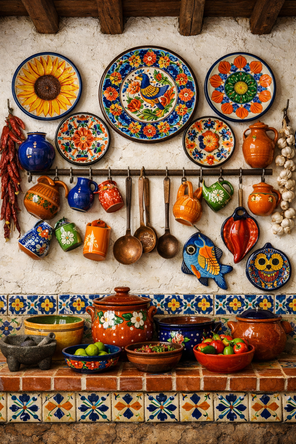 Colorful ceramic dishware and pots displayed on a kitchen wall with a rustic tile countertop.