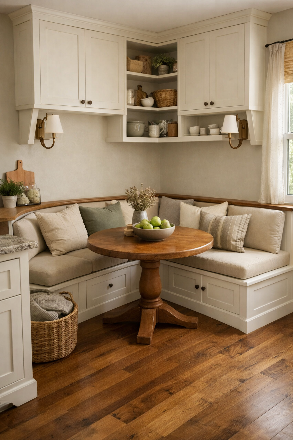 A cozy kitchen corner with built-in seating, featuring a round wooden table and soft cushions.