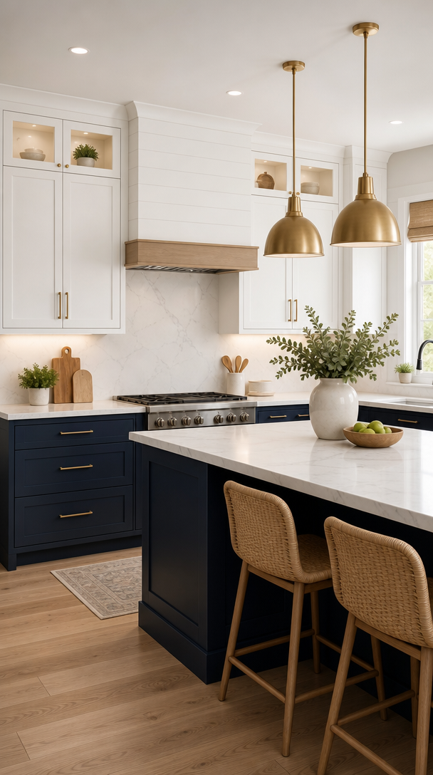 A modern kitchen featuring two-tone cabinets in navy blue and white.