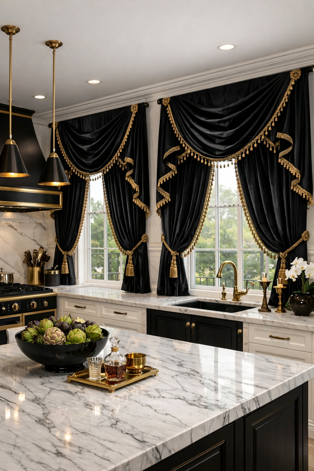 Luxurious black window treatments with gold trim in a modern kitchen.