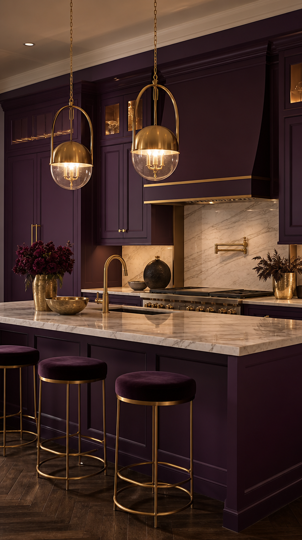 A kitchen showcasing deep plum cabinets with gold accents and a marble countertop.